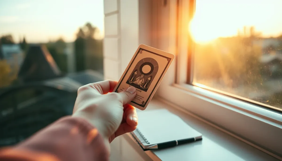 Main tenant une carte oracle près d'une fenêtre à la lumière dorée du soir