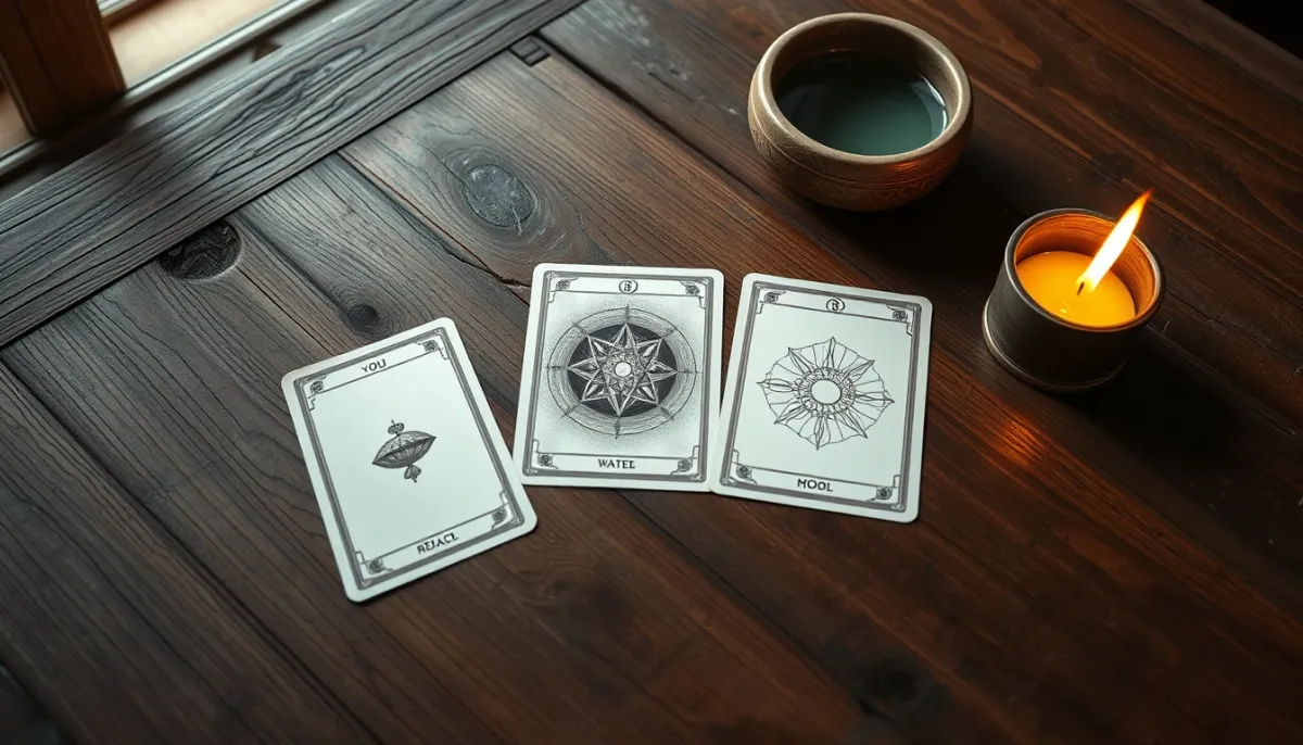 Tirage de trois cartes oracle sur une table rustique avec une bougie allumée