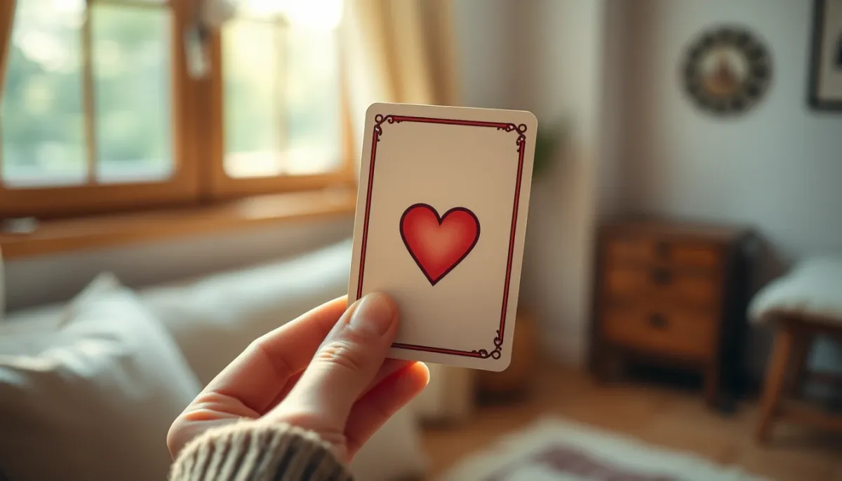Gros plan sur la carte Lenormand du Cœur tenue entre deux doigts, avec une lumière naturelle douce et un arrière-plan flou.