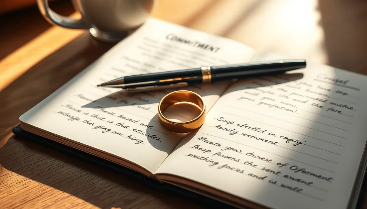 Une bague en or posée sur un carnet ouvert avec des notes manuscrites, évoquant l'engagement et la réflexion.
