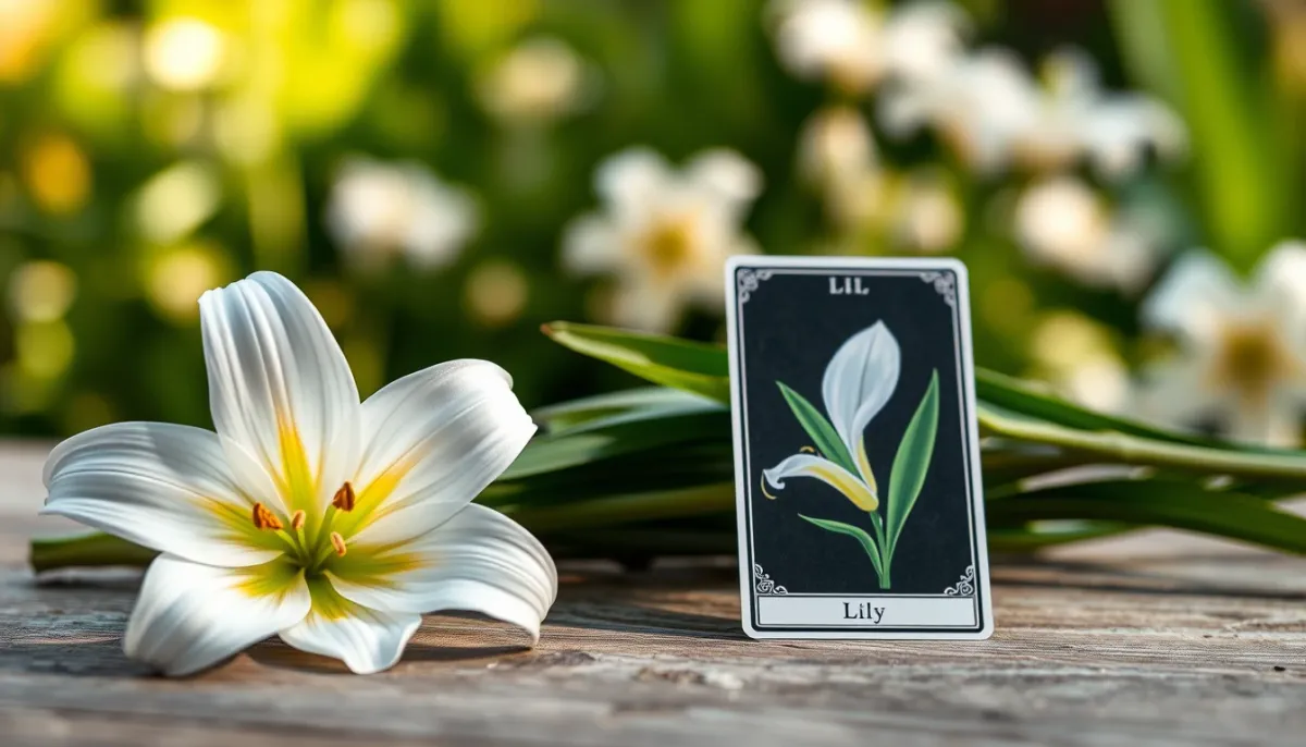 Une fleur de lys blanche à côté de la carte Lenormand du Lys, dans une ambiance paisible et mature.