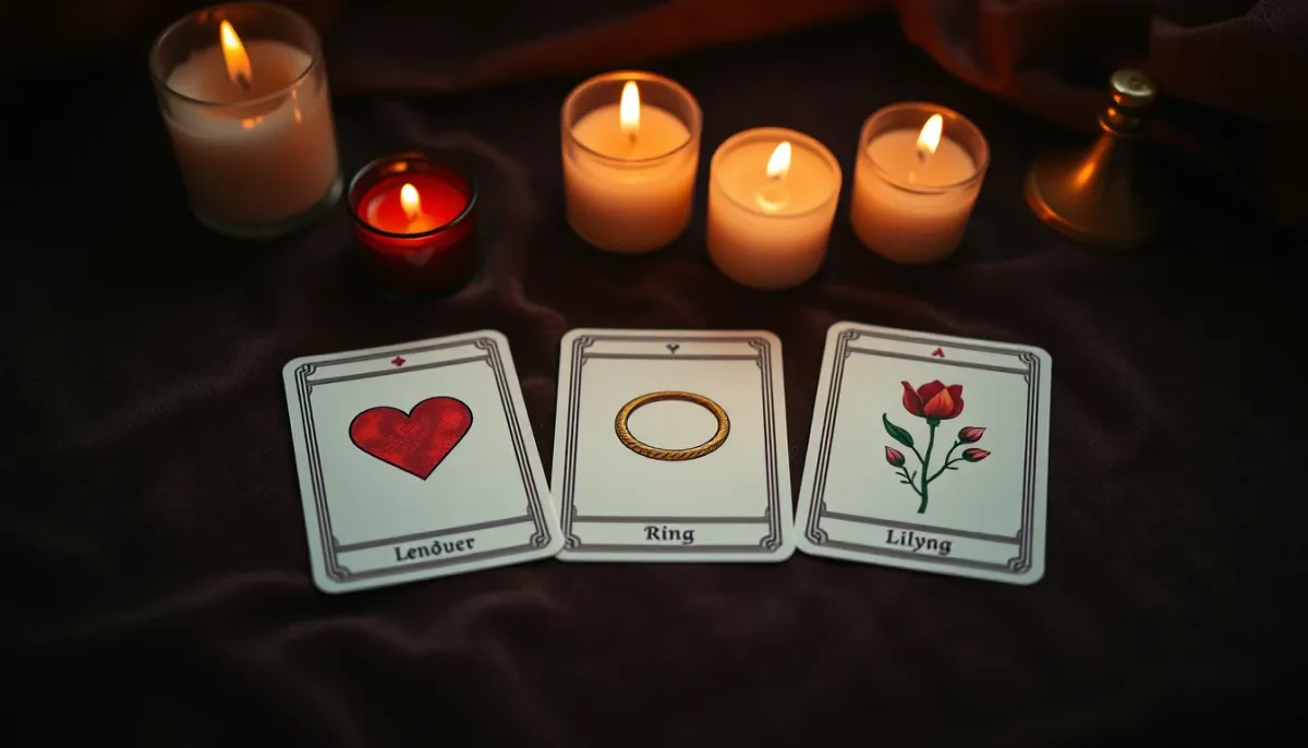 Un tirage de trois cartes Lenormand (Cœur, Bague, Lys) disposé sur un tissu en velours, éclairé par des bougies.