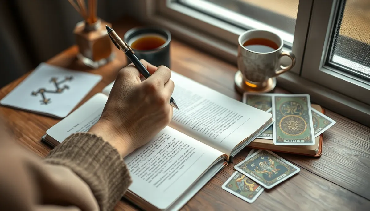 Personne écrivant des questions dans un carnet avant un tirage de tarot amour