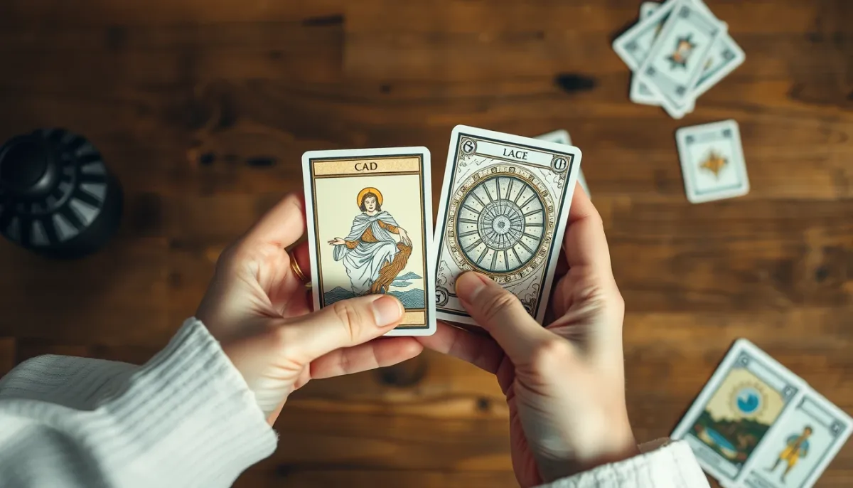 Mains tenant une carte de tarot et une carte d'oracle côte à côte, vue de dessus