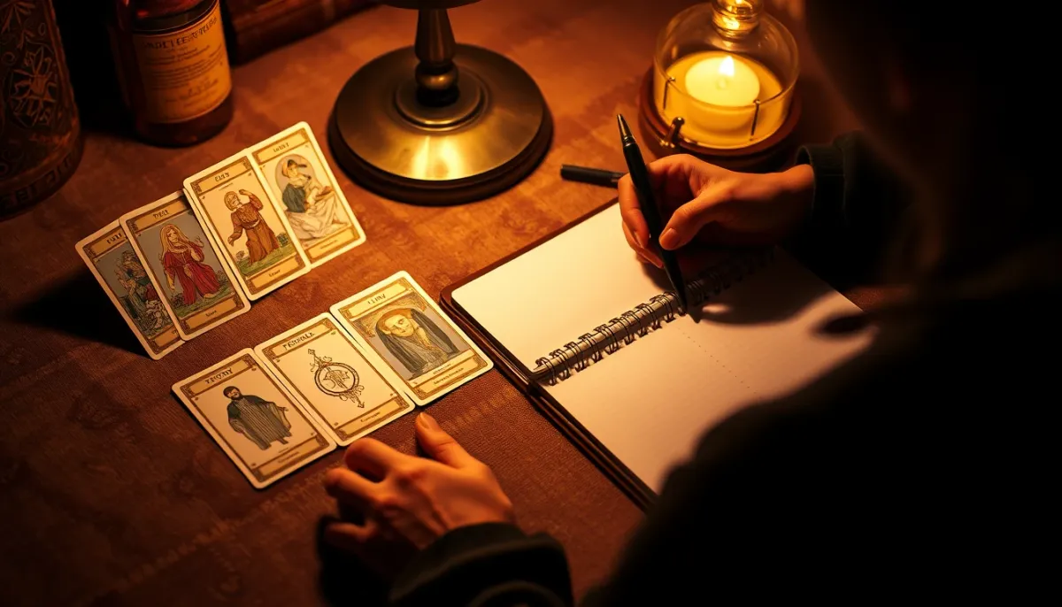 Tirage combiné de tarot et oracle en cours avec un carnet de notes à côté
