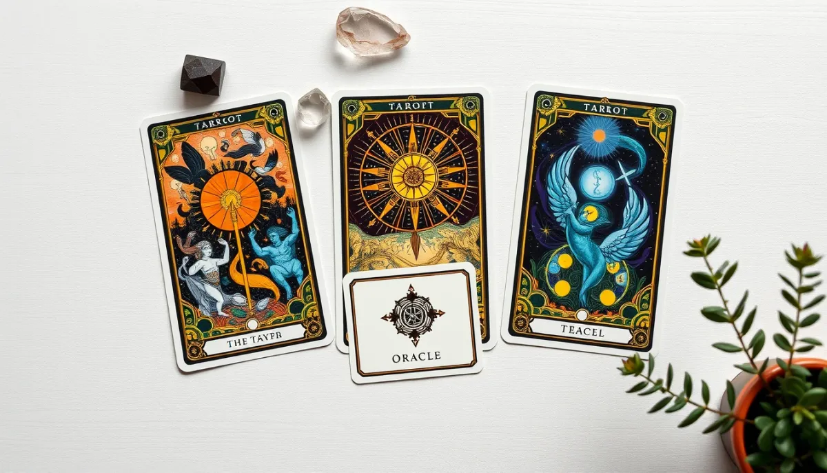Exemple de tirage combiné terminé avec trois cartes de tarot et une carte d'oracle