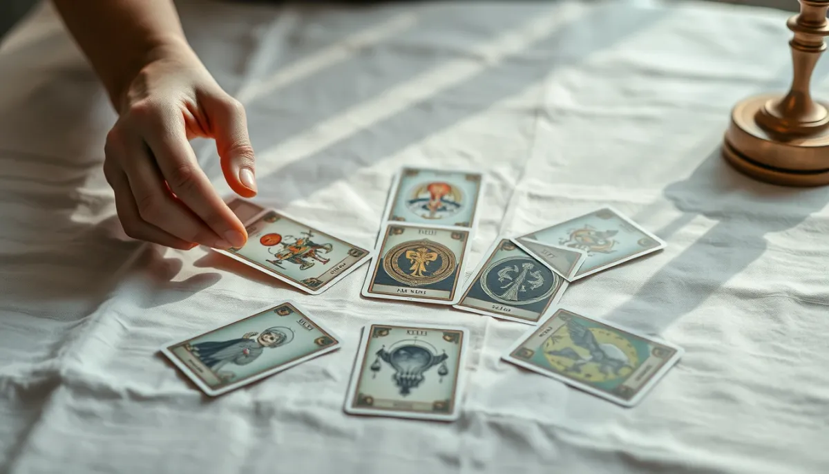 Mains disposant des cartes de tarot en croix pour un tirage de couple