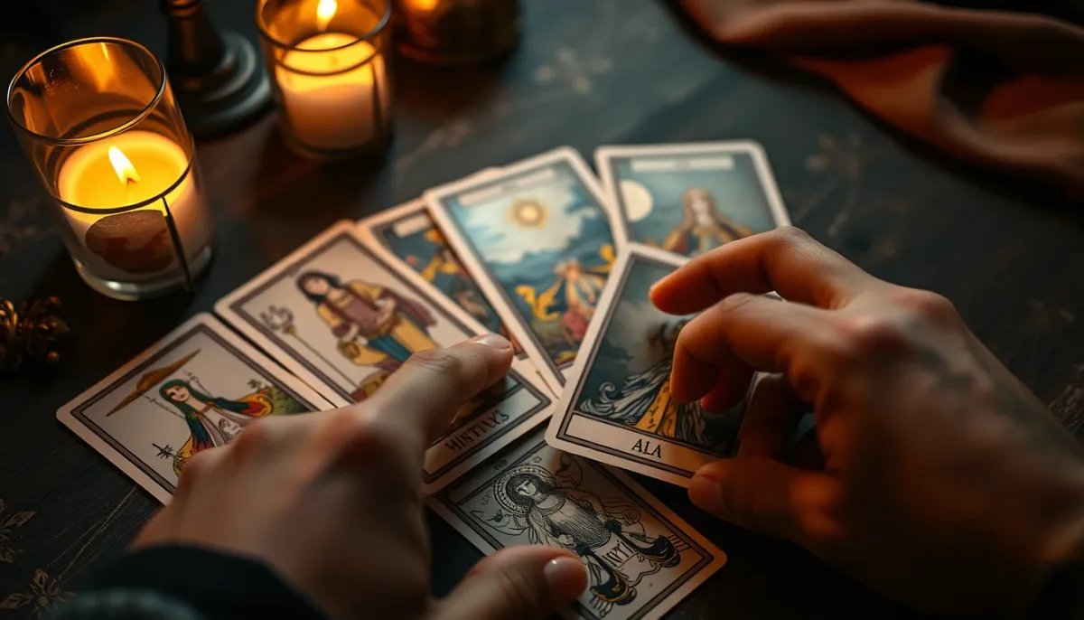 Gros plan sur des cartes de tarot lors d'une interprétation pour un couple