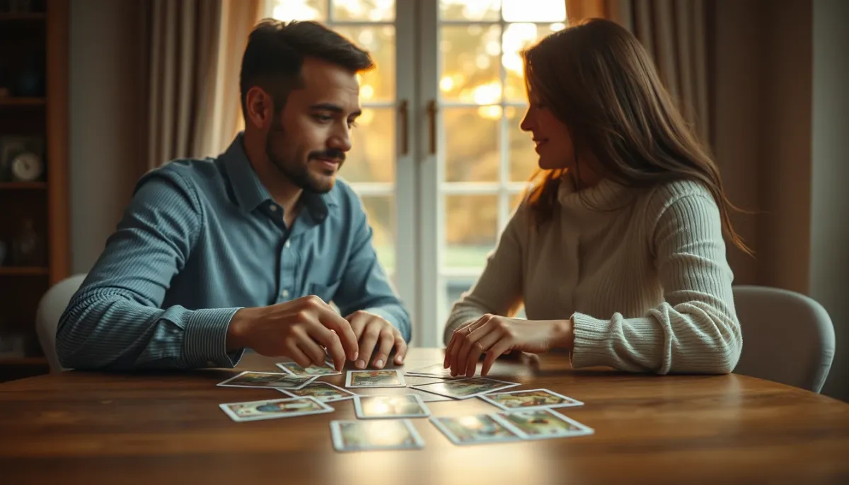 Couple assis à une table avec des cartes de tarot, lumière dorée