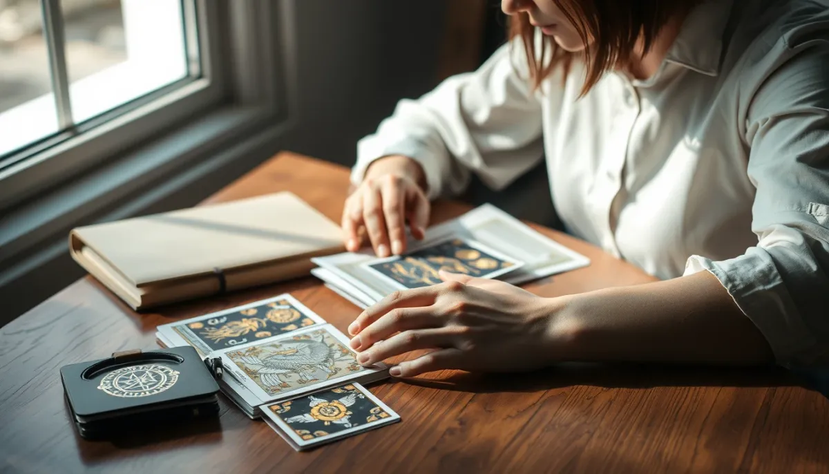 Personne réfléchissant devant un tirage de tarot avec un journal