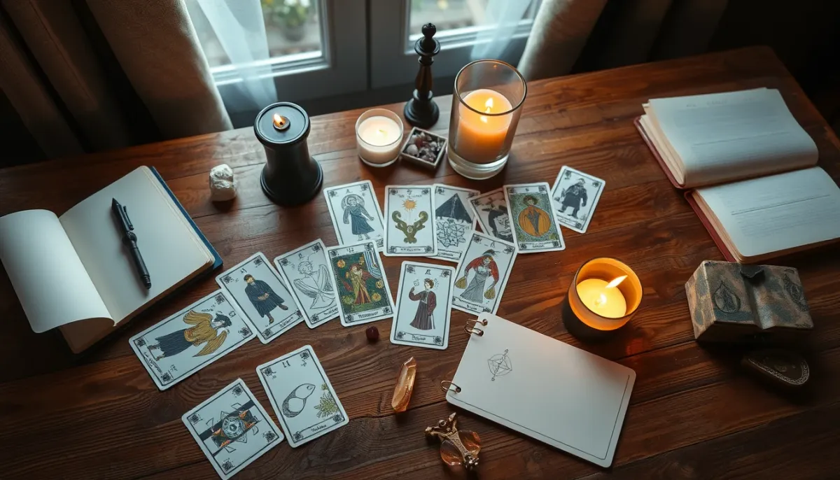 Séance de tirage de tarot sur une table en bois, éclairée par une lumière naturelle douce