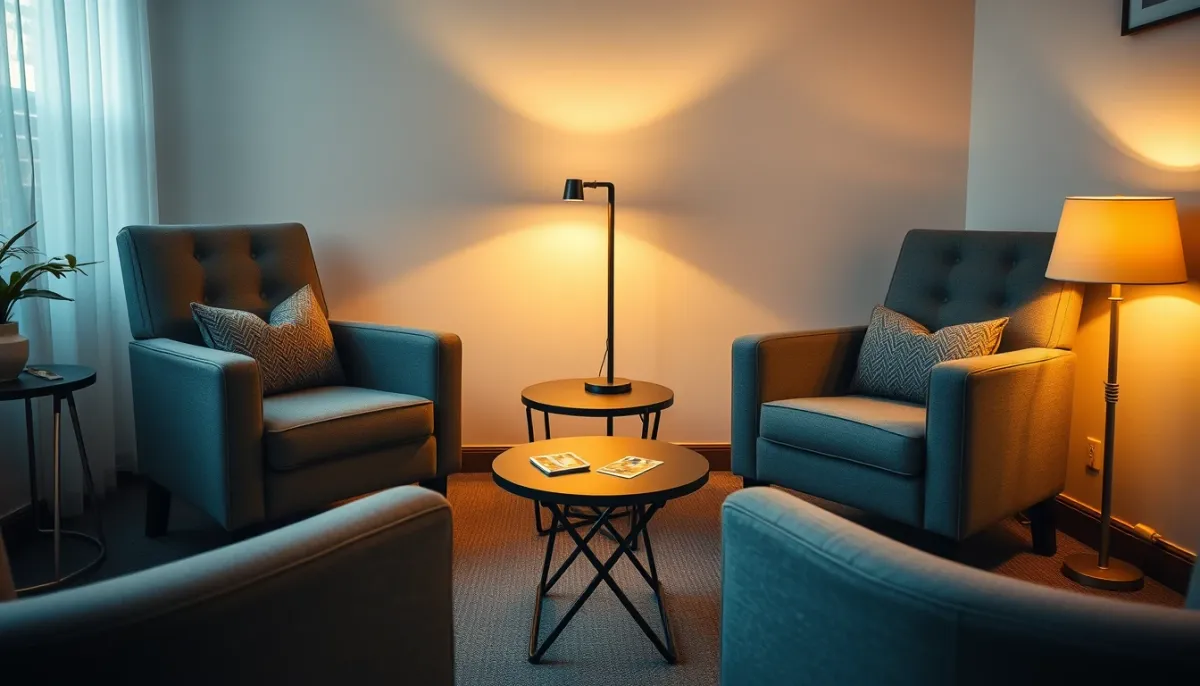 Salle de consultation chaleureuse avec deux fauteuils et un jeu de cartes, pour choisir une voyante