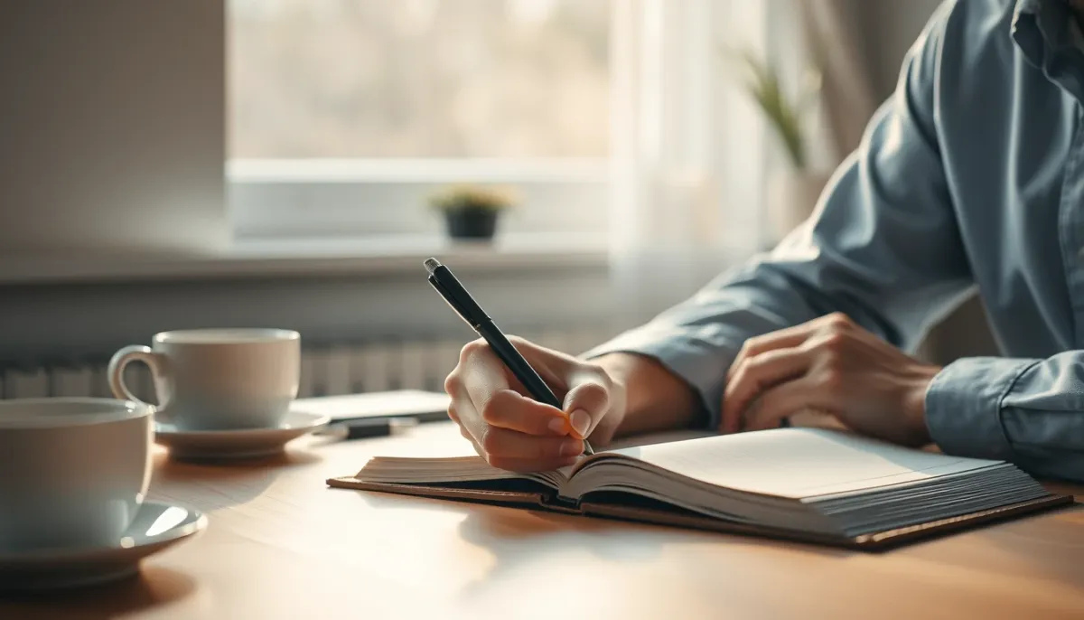 Personne écrivant dans un journal intime après une consultation, pour intégrer l'éclairage reçu