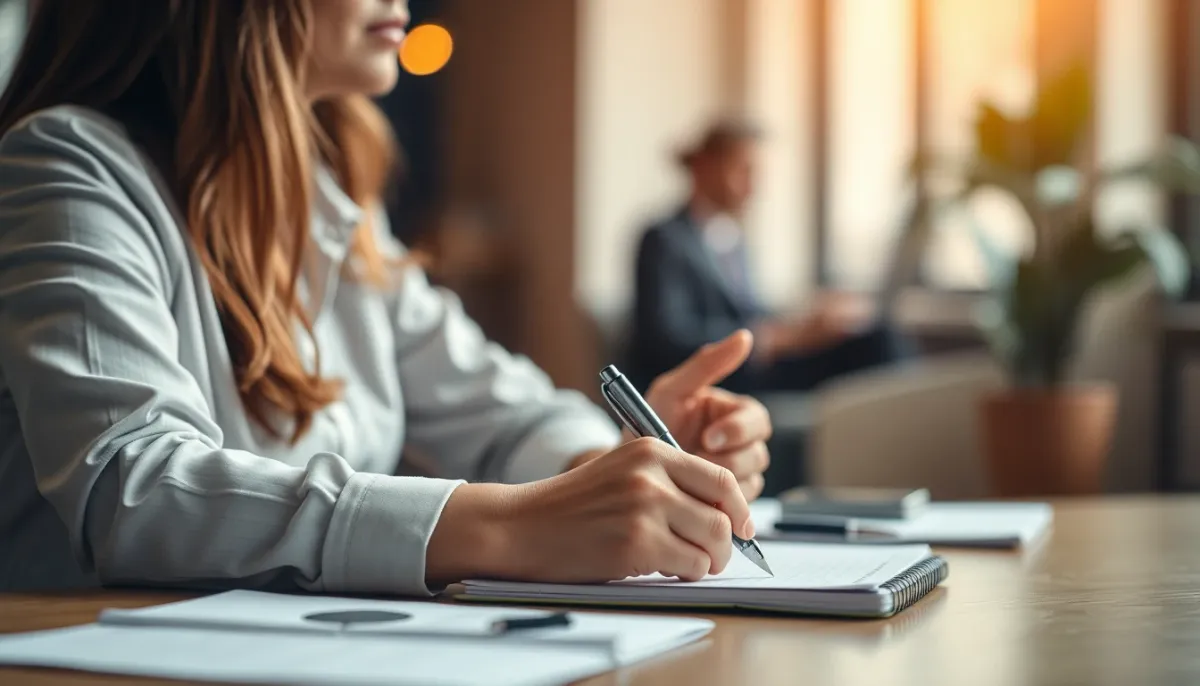 Femme prenant des notes lors d'une consultation, ambiance chaleureuse et professionnelle