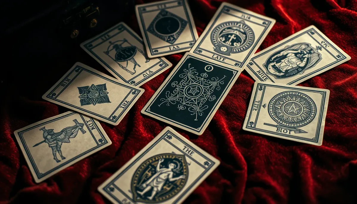 Tirage de cartes de tarot sur un tissu en velours, gros plan avec éclairage dramatique