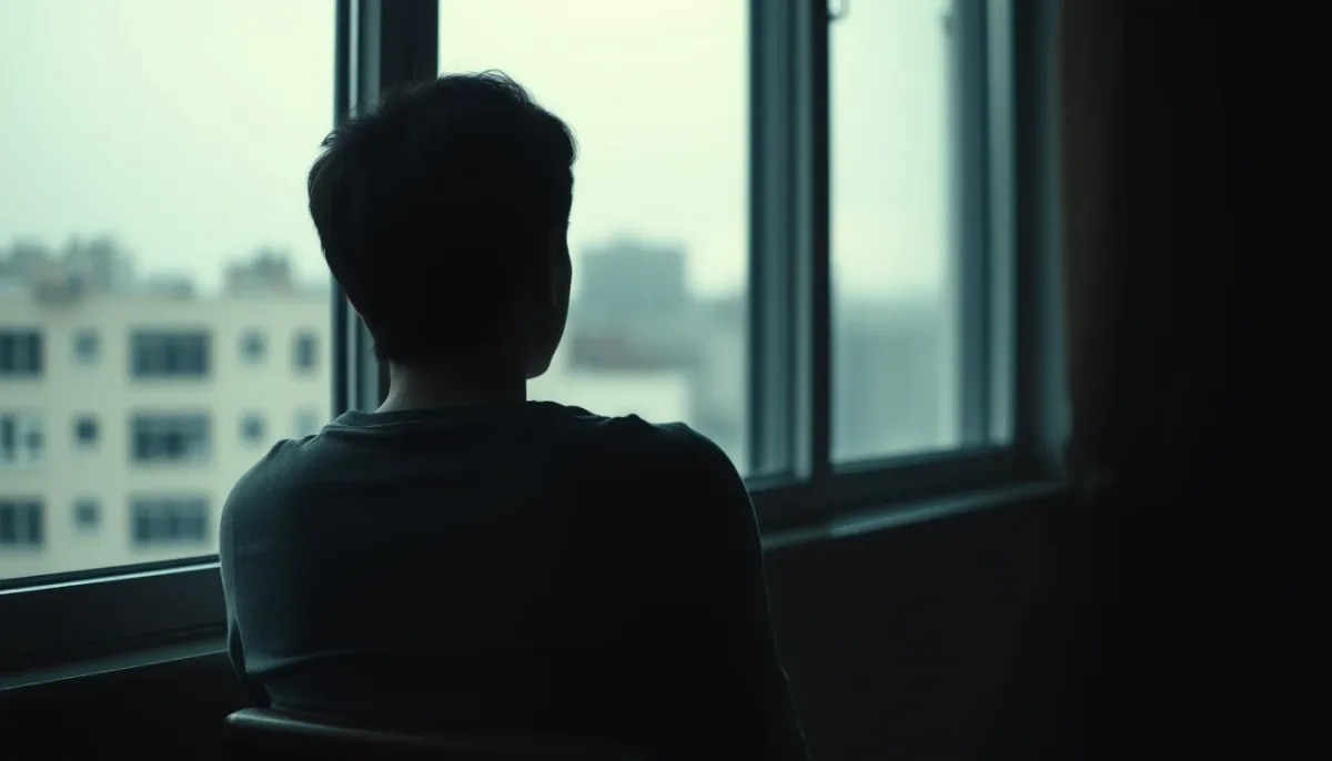 Personne assise près d'une fenêtre, regardant au loin, ambiance introspective