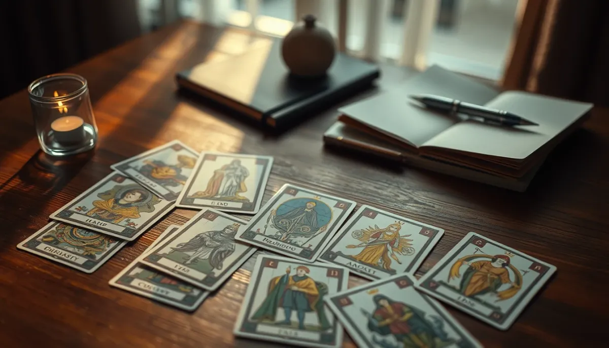 Tirage de cartes de tarot sur une table en bois, vue de dessus, éclairé par une lumière naturelle, symbolisant une lecture de voyance