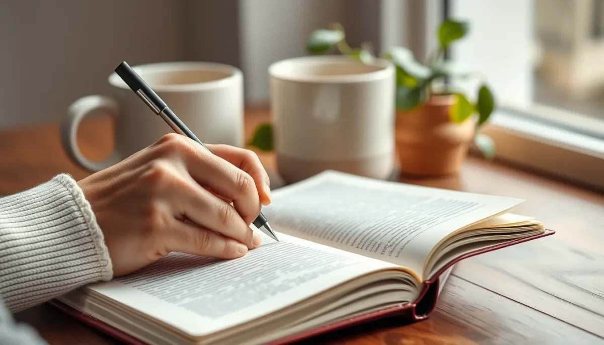 Mains d'une personne écrivant dans un journal intime, éclairées par une lumière douce du matin, illustrant l'introspection après une lecture