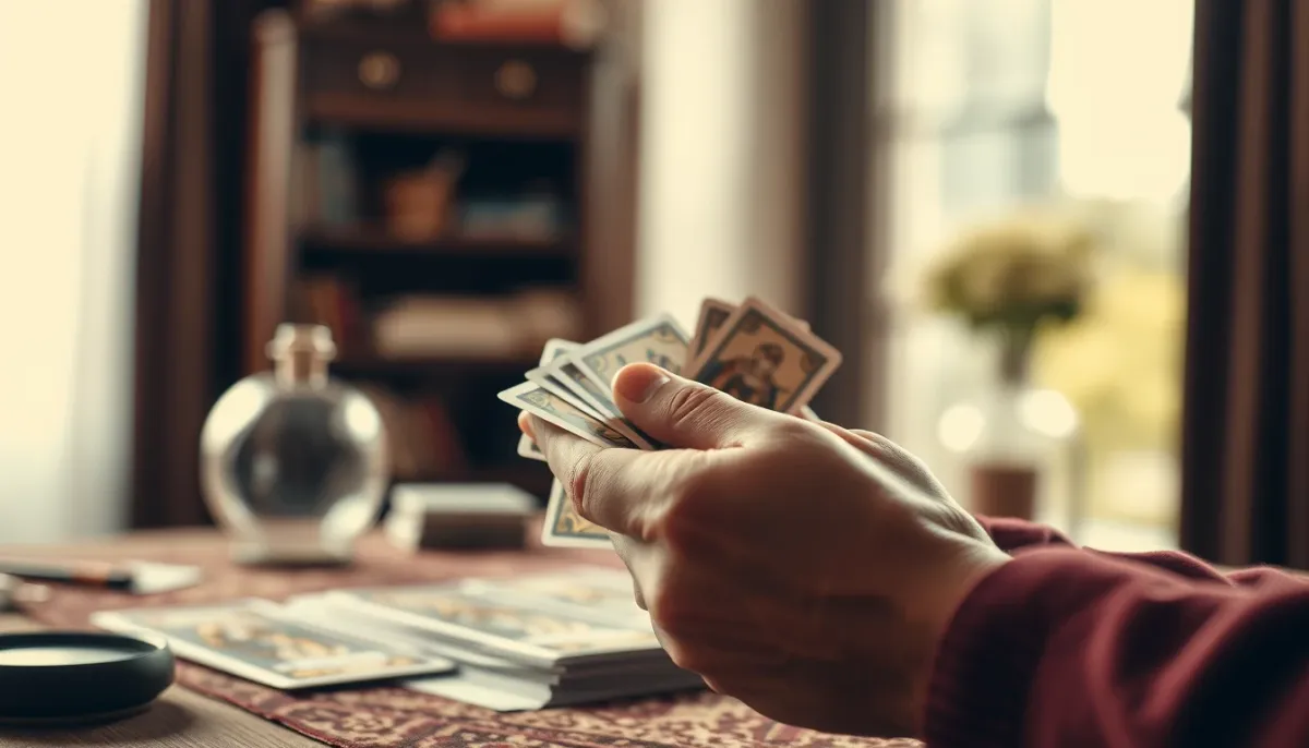 Mains mélangeant des cartes de tarot, symbolisant la prise de recul et l'introspection dans une relation avec une personne non libre.