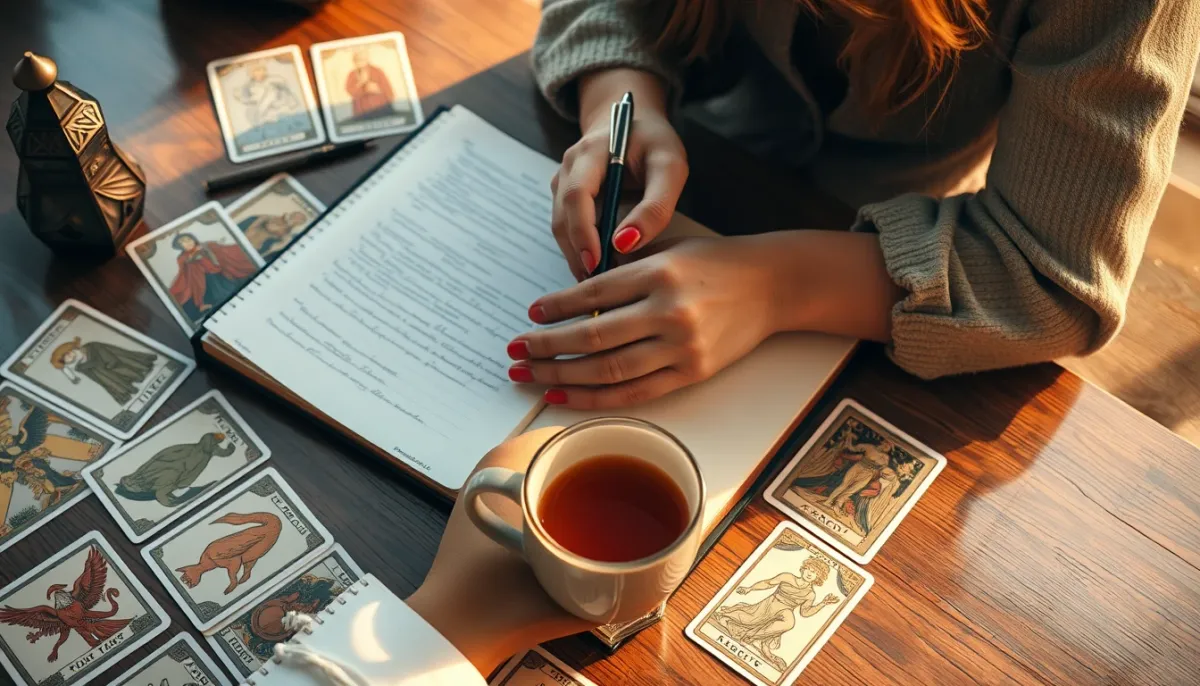Personne écrivant dans un carnet à côté d'un tirage de tarot, illustrant les conseils pratiques pour prendre du recul.