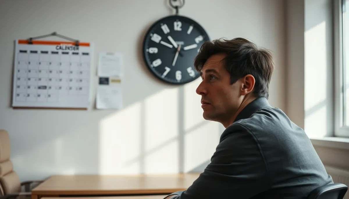 Personne réfléchissant devant un calendrier et une horloge