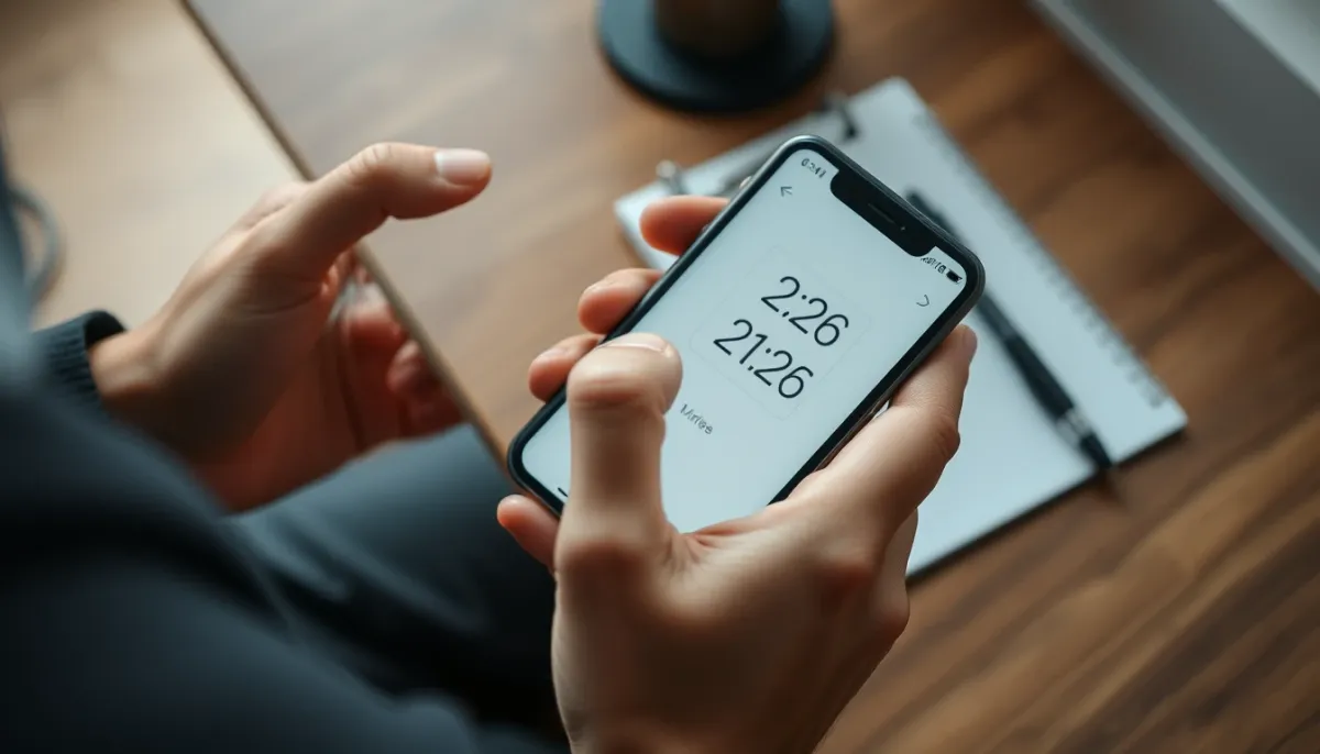Mains tenant un smartphone avec un chronomètre affiché, illustrant la mesure du temps d'appel