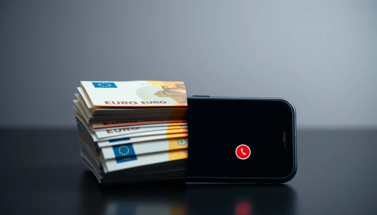 Billets en euros et smartphone avec icône d'appel, symbolisant l'équilibre entre avantages et risques financiers