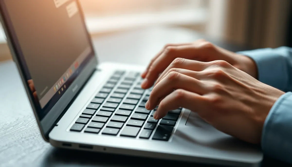 Gros plan sur des mains tapant sur un clavier d'ordinateur portable, illustrant la voyance par tchat