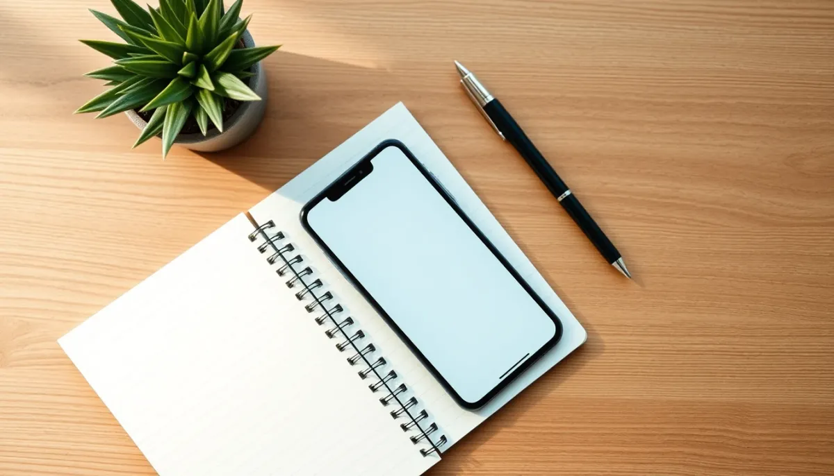 Smartphone et carnet avec stylo sur une table, symbolisant le choix entre téléphone et tchat