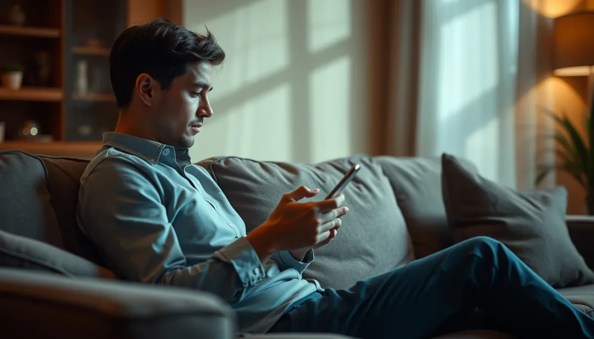 Personne assise sur un canapé réfléchissant en tenant un smartphone, illustrant le choix selon la situation personnelle