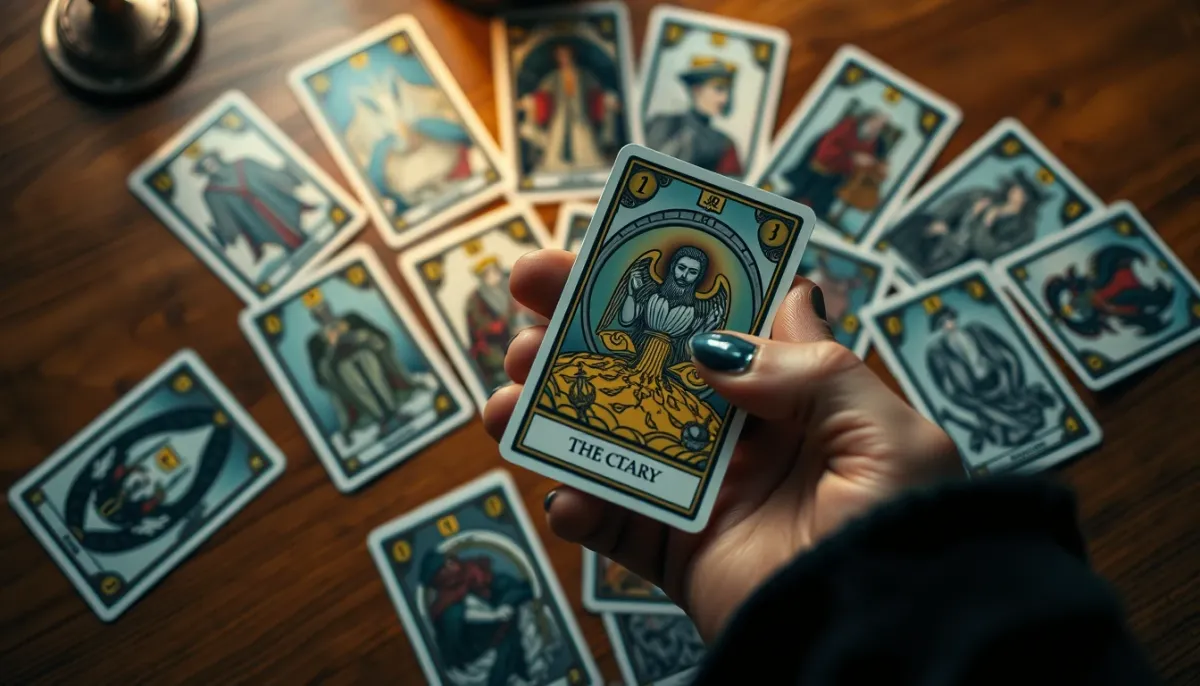 Gros plan sur une main tenant une carte de tarot au-dessus d'un jeu étalé sur une table en bois