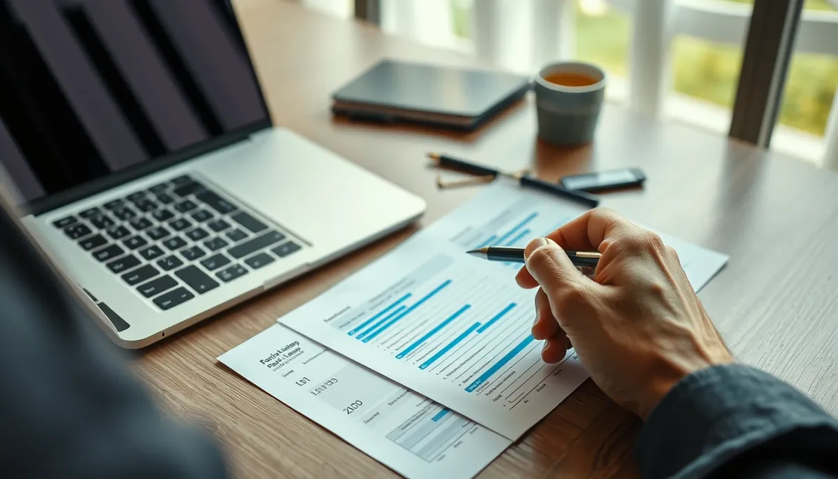 Personne en train d'examiner des documents et un ordinateur portable sur un bureau, symbolisant l'évaluation des critères