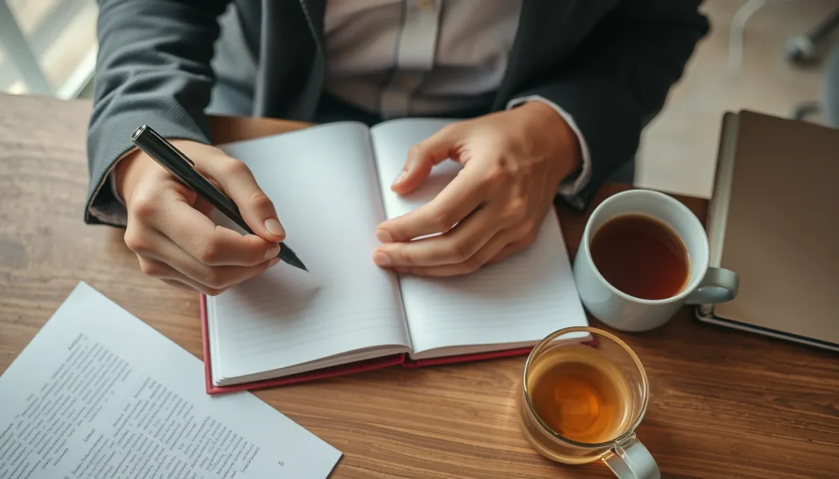 Personne prenant des notes dans un carnet avec un stylo, vue de dessus, symbolisant la préparation d'une consultation