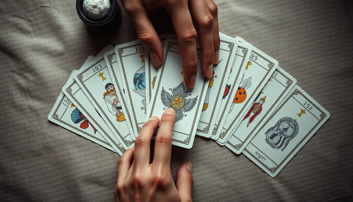 Tirage de cartes de tarot sur une table, vue de dessus, pour illustrer les questions à poser