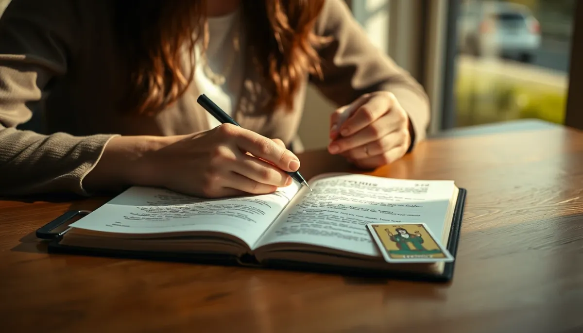 Personne intégrant les messages du tarot en écrivant dans un journal après la séance