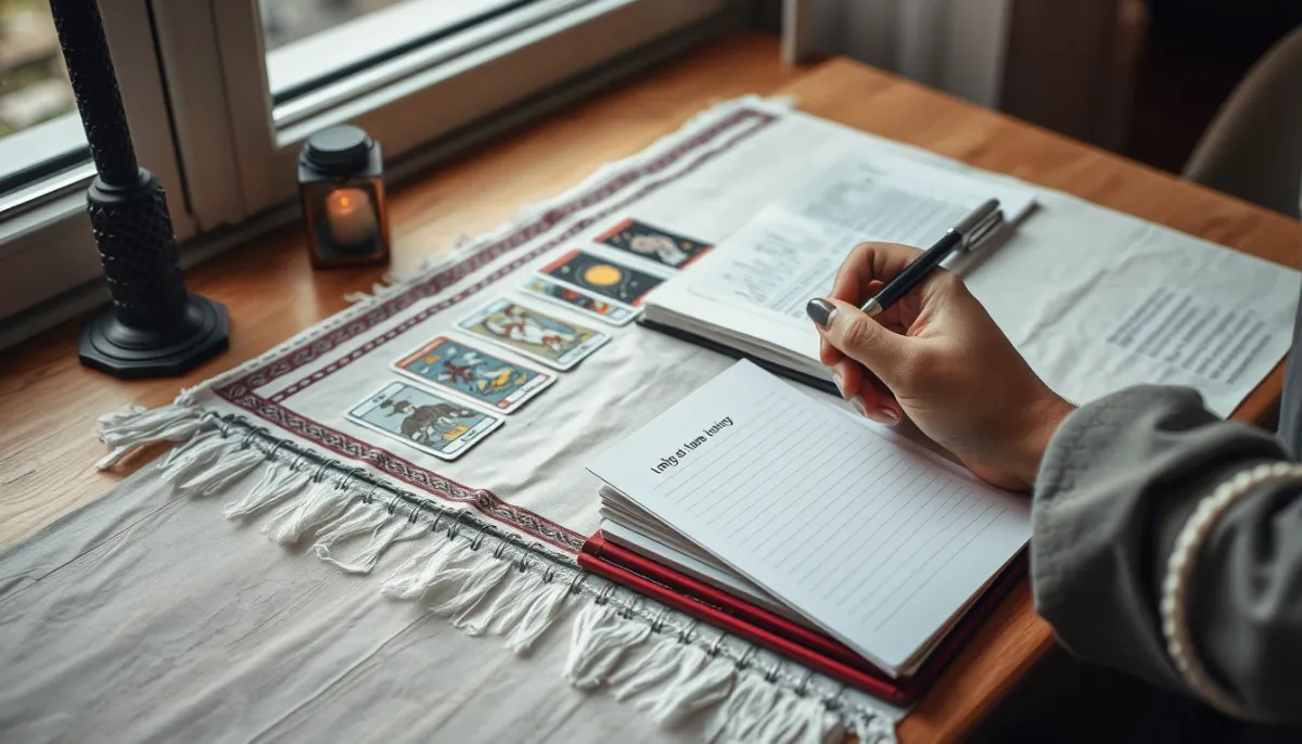 Vue d'ensemble d'une préparation de consultation de tarot étape par étape avec cartes et carnet
