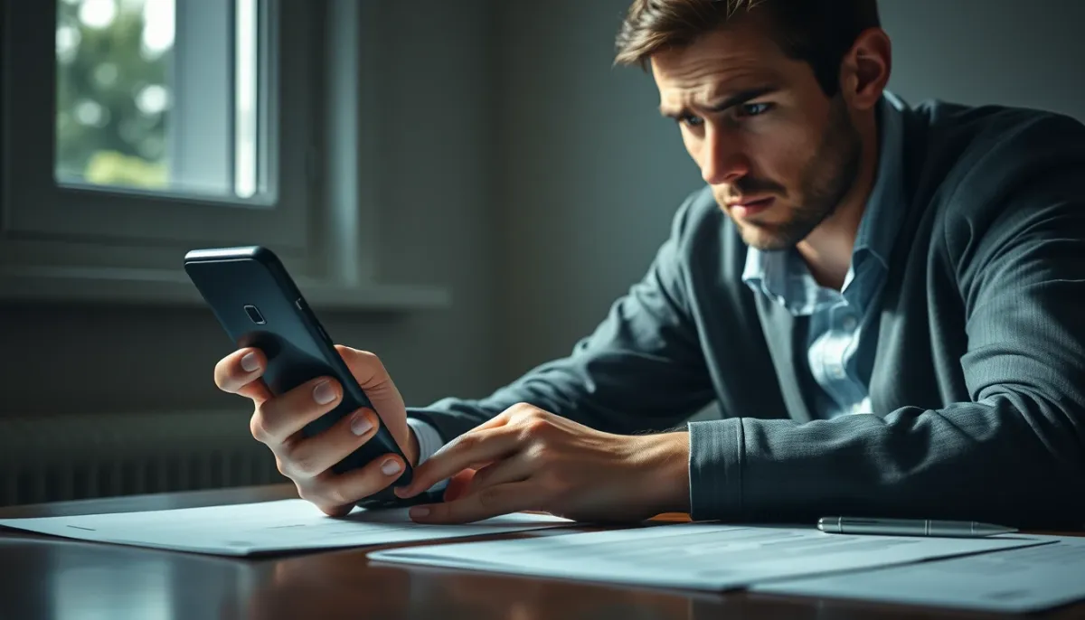 Personne consultant son téléphone avec inquiétude, entourée de documents