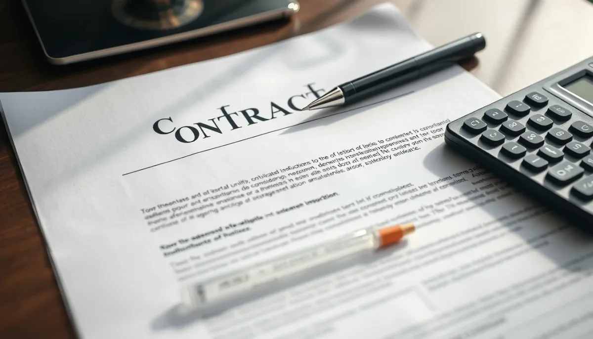 Devis et contrat posés sur un bureau avec un stylo et une calculatrice