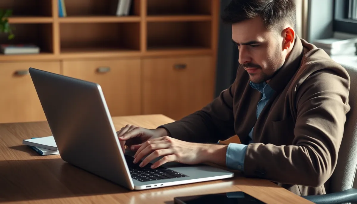 Personne assise devant un ordinateur portable, cherchant des informations en ligne