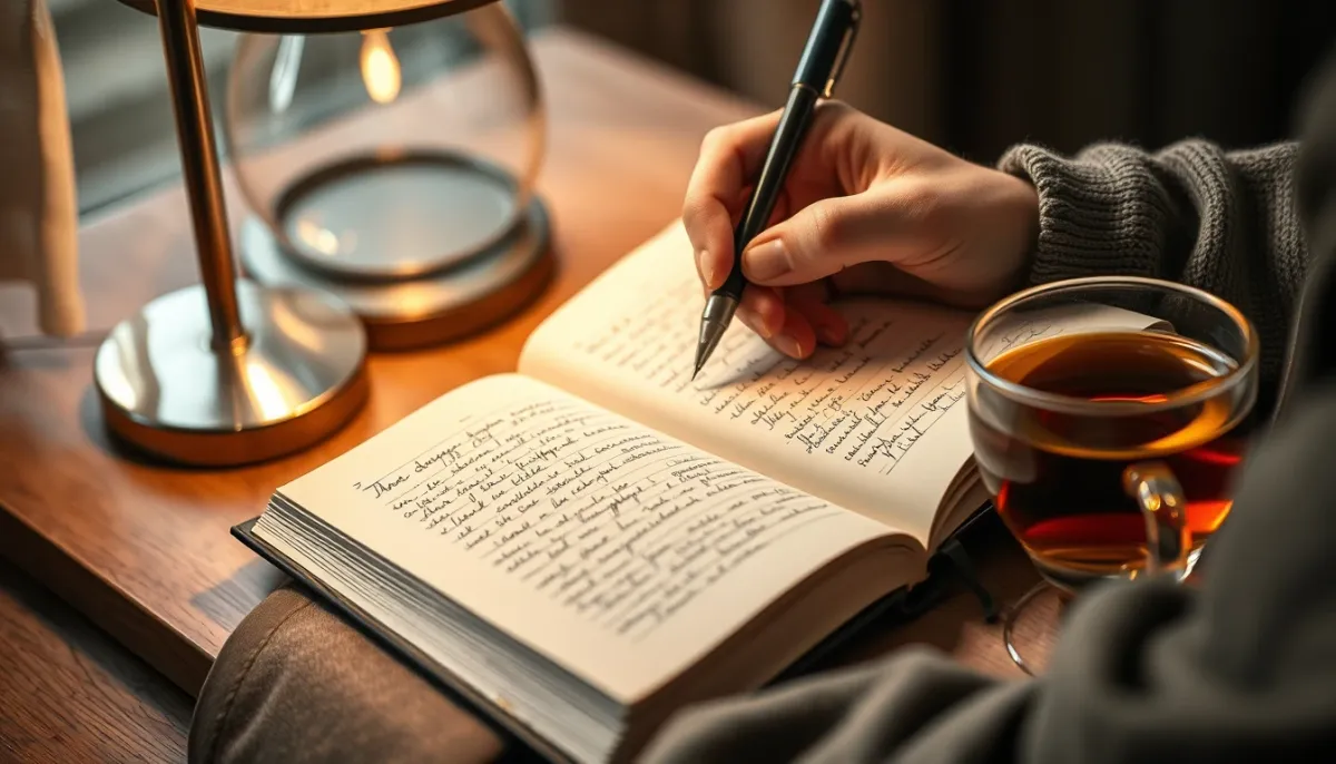 Personne écrivant dans un journal intime pour préparer une consultation de voyance après un deuil