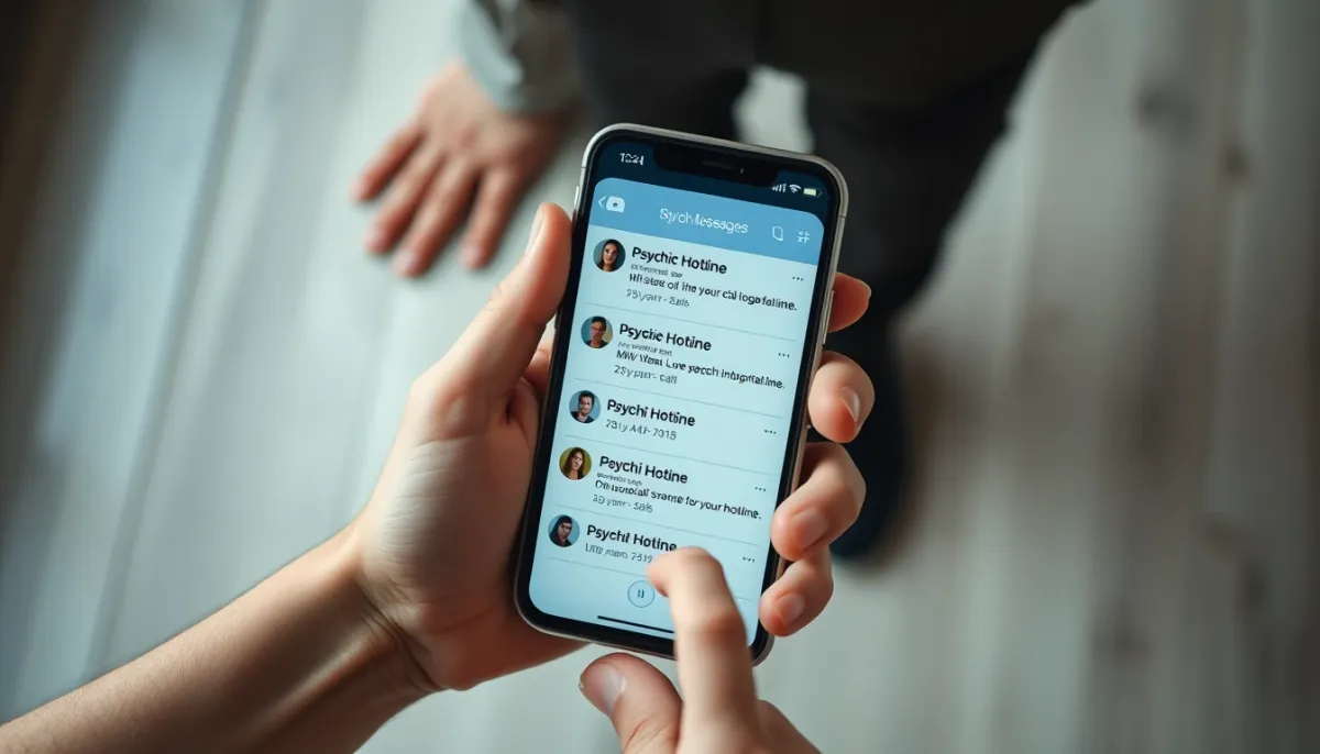 Gros plan sur des mains tenant un smartphone avec de nombreux appels manqués d'un service de voyance, symbolisant le besoin compulsif de consultation