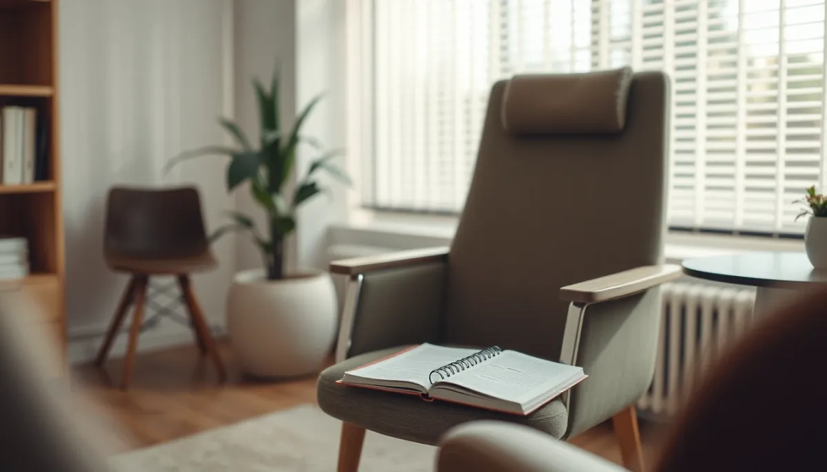 Cabinet de psychologue avec fauteuil et carnet, évoquant l'accompagnement professionnel en cas de dépendance à la voyance