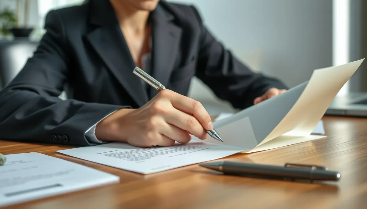 Personne rédigeant une lettre de réclamation formelle à un bureau, avec une enveloppe prête à être envoyée