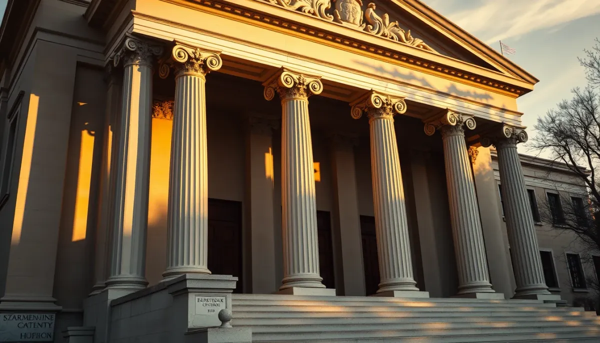 Extérieur d'un palais de justice avec des colonnes classiques, évoquant les recours judiciaires