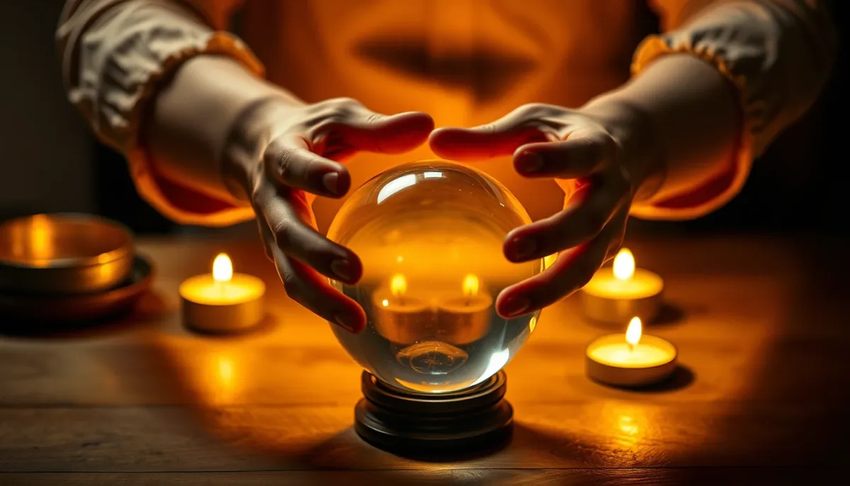Mains d'un voyant au-dessus d'une boule de cristal dans une lumière chaleureuse