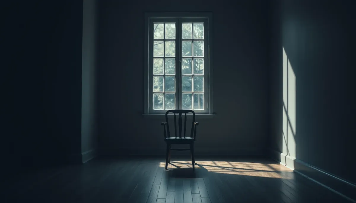 Chaise vide face à une fenêtre dans une pièce tamisée, évoquant une présence spirituelle