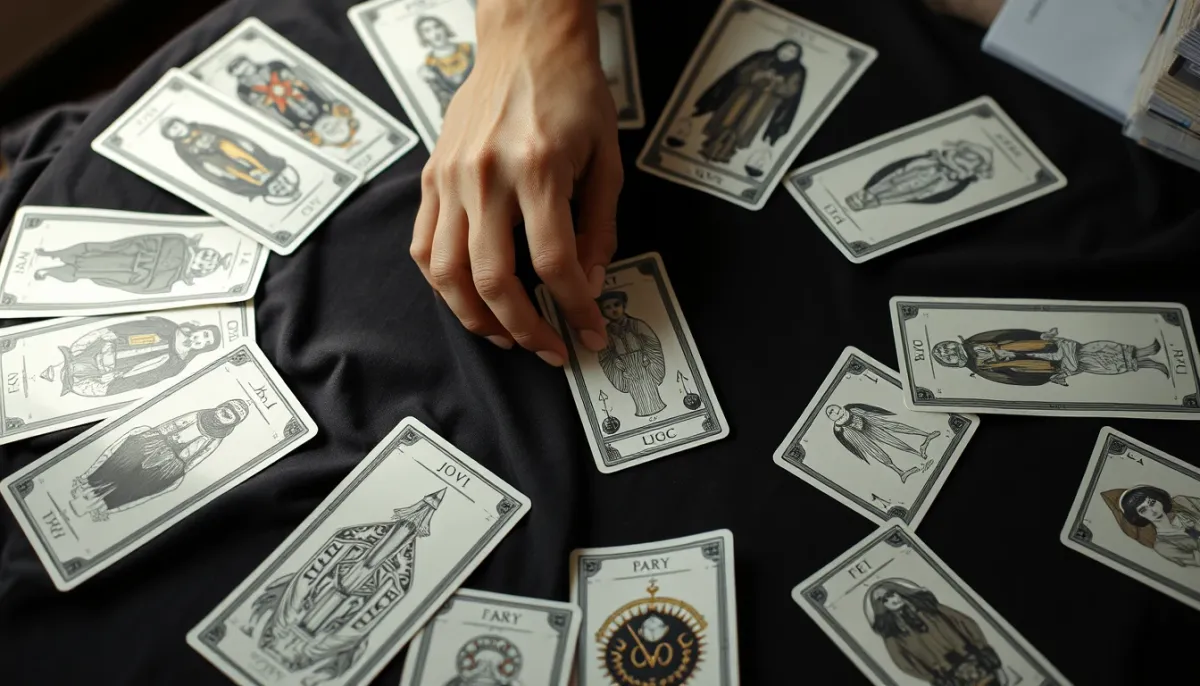 Tirage de tarot vu de dessus avec des mains disposant les cartes sur un tissu sombre