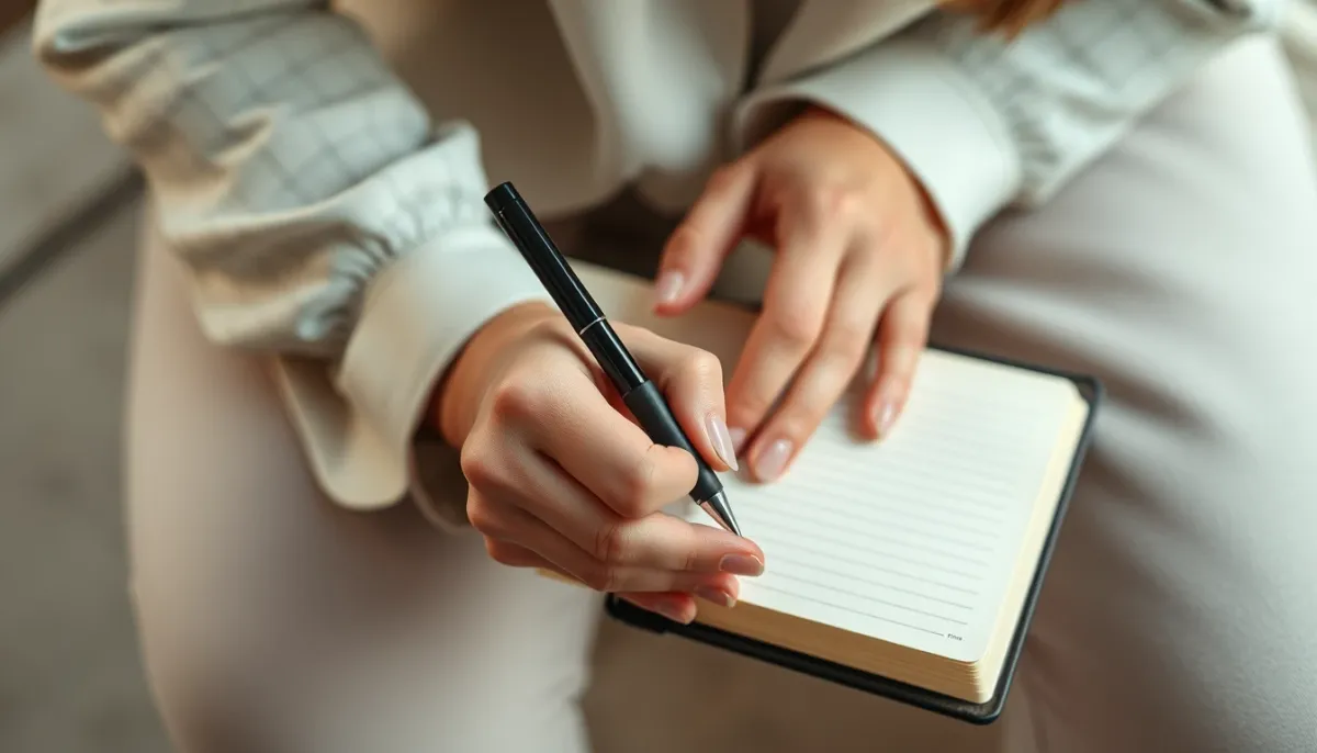 Gros plan sur des mains écrivant dans un carnet avec un stylo, lumière naturelle douce