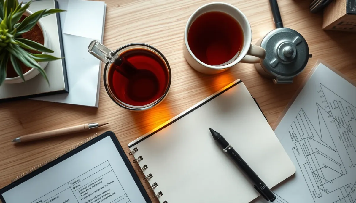 Vue de dessus d'un bureau avec un carnet, un stylo et une tasse de thé, lumière naturelle douce