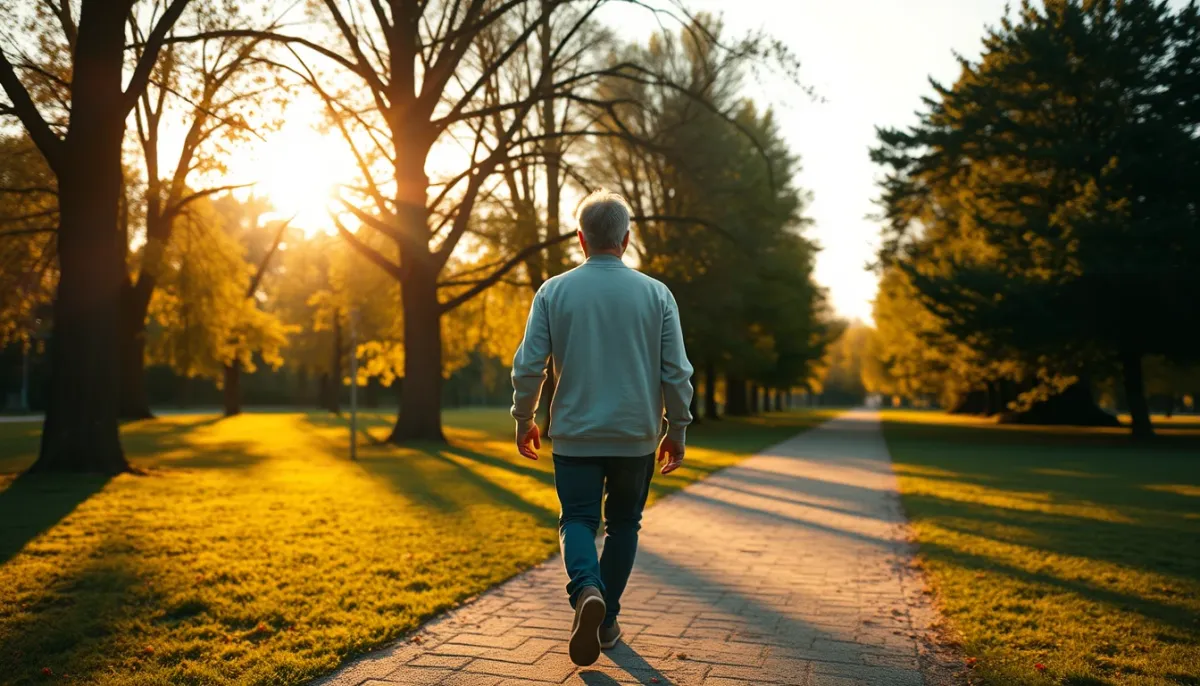 Personne marchant dans un parc à l'heure dorée, vue de dos, ambiance paisible et libératrice